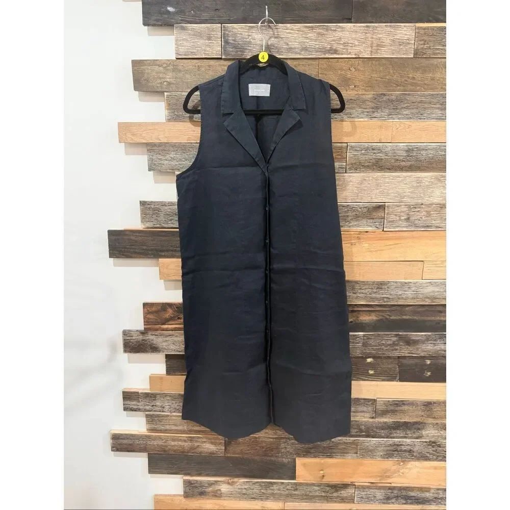 Everlane The Linen V-Neck Midi Black Button Front Dress Size 14